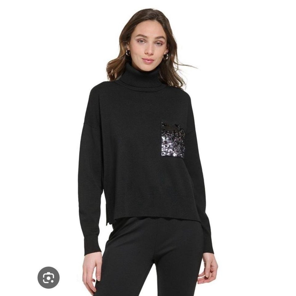 DKNY Turtleneck Sweater Women Black New Sequin Pocket Cotton Blend Boxy Fit